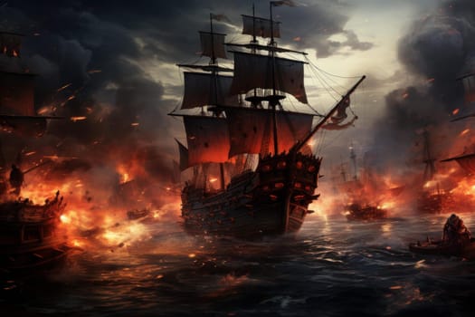 Destructive Pirate ships battle. Sail war fog. Generate Ai