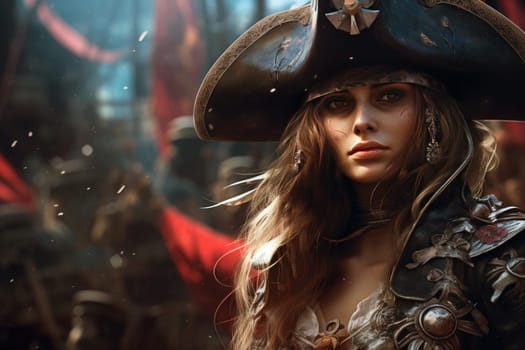 Intimidating Pirate queen portrait. Face art retro person girl. Generate Ai