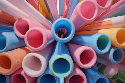 Closeup shot of plastic pastel tubes. Drinking beverage straws stack in colorful shapes. Generate ai