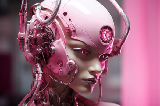 Advanced Pink woman robot. Robot neon female. Generate Ai