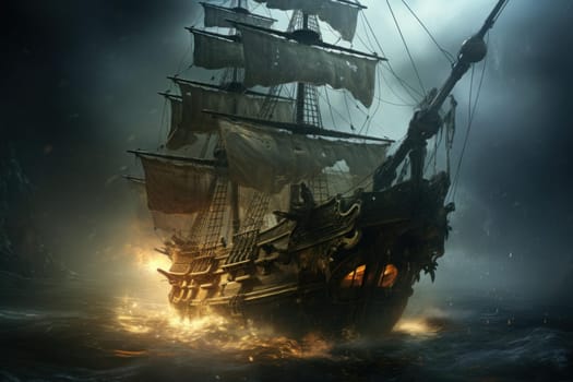 Seafaring Pirate sailing ghost ship sunshine. Wave dark. Generate Ai