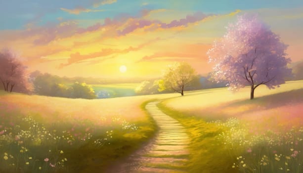 Beautiful springtime illustration in pastel colors. Footpath across a spring meadow with blooming trees. Picturesque countryside sunset scene