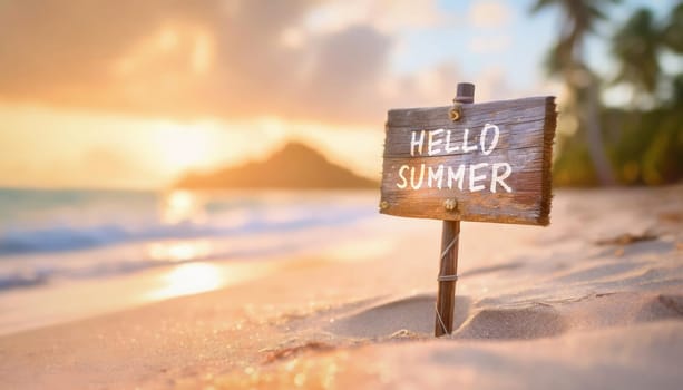 Hello summer wooden banner stuck in the sand on an exotic beach. Ocean vacation, tropical holiday conceptual background