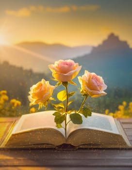 Rose flowers growing out of an open book. Inspirational storybook with a scenic view. Reading and lecture concept