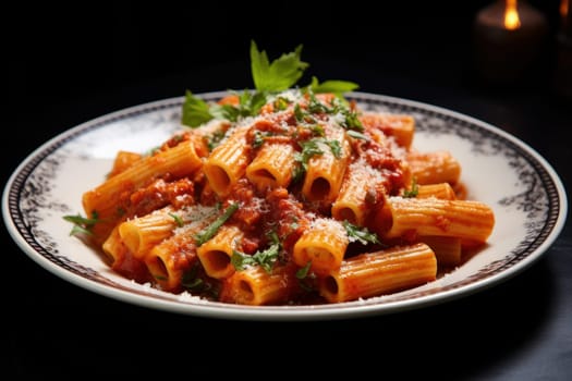 Mouthwatering Plate rigatoni. Dish meal dinner. Generate Ai