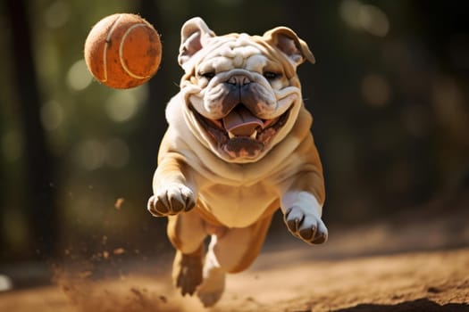 Playful Dog catching ball. Running white pedigree playing ball. Generate ai