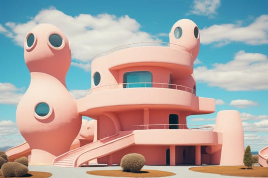 Unconventional Surreal architecture house. Exterior misty. Generate Ai