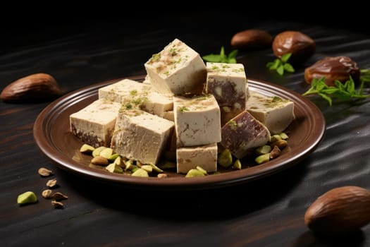 Crumbly Plate piece halva. Oriental food sweet nutrition sugar. Generate Ai