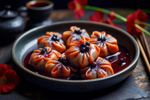 Filling Plum dumplings with poppy seeds. Delicious pastry dessert with fruit filling. Generate ai