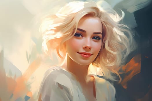 Feminine Pleased woman city street. Walking face. Generate Ai