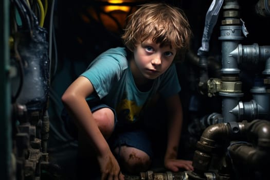 Plumber child boy pipes basement. Repair work. Generate Ai