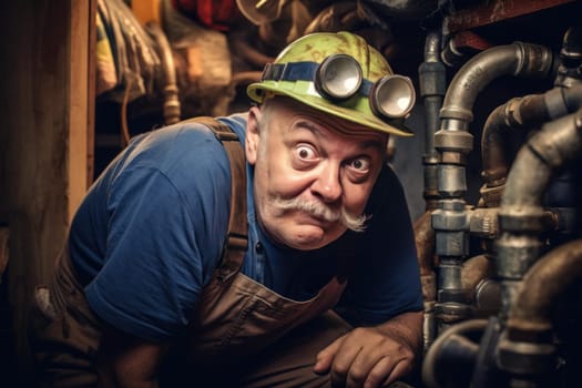 Plumber old man pipes basement. Work repair. Generate Ai