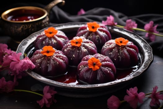 Plum dumplings with poppy seeds. Delicious pastry dessert with fruit filling. Generate ai