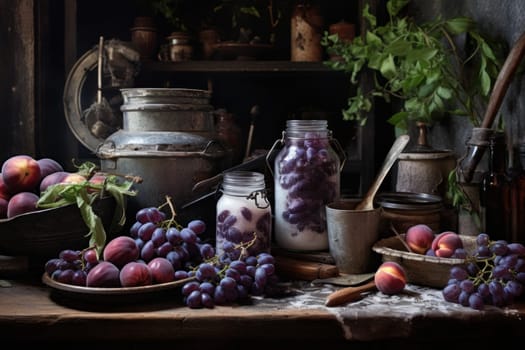 Plum jam jar rustic board. Organic wood table dessert jelly. Generate Ai