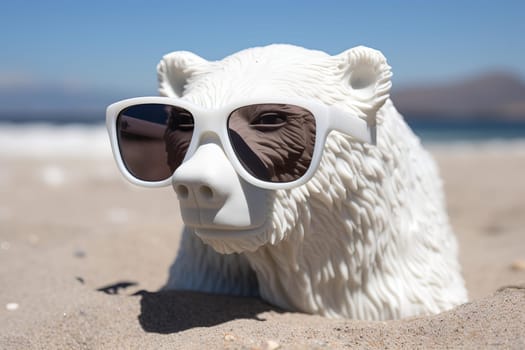 Polar bear lounger with sunglasses closeup. Tropical pole friend tourism relax. Generate Ai