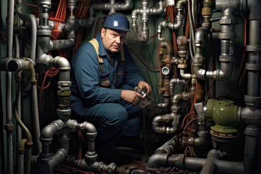 Resourceful Plumber man pipes basement. Work boiler heat. Generate Ai