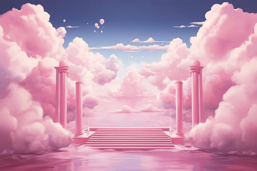 Vibrant Podium pink clouds sky. Minimal color. Generate Ai