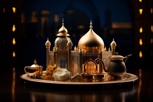 Ornate Ramadan podium. Arabic stage dark. Generate Ai