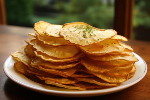 Plates potato chips snack. Diet top view. Generate Ai