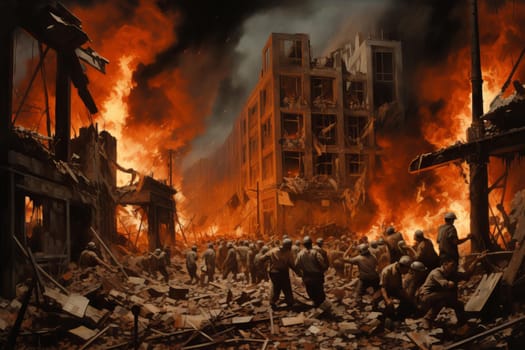 Night city riot. People fire protest. Generate AI