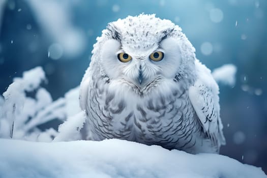 Elusive Polar owl winter branch. White beak. Generate Ai