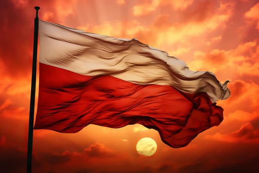 Tranquil Polish flag fluttering on sunset background. Independence nation country flagpole emblem. Generate ai