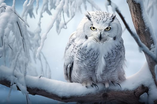 Frigid Polar owl winter branch. White beak. Generate Ai