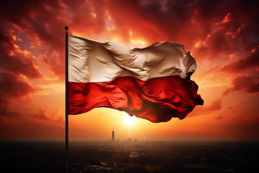 Majestic Polish flag fluttering on sunset background. Independence nation country flagpole emblem. Generate ai