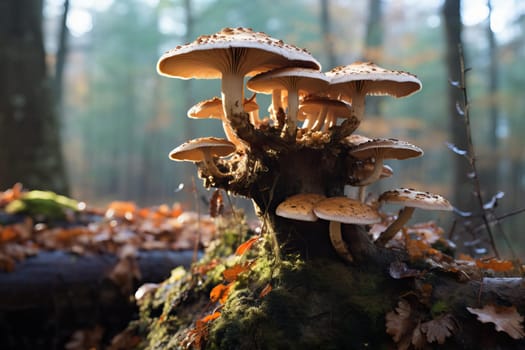 Woody Polypore fungi tree. Nature outdoor fungus closeup trunk. Generate Ai