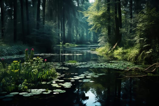 Tranquil Pond calm forest water. Plant spring. Generate Ai