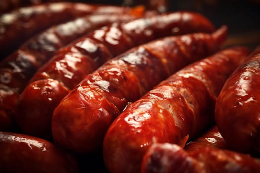 Detailed Closeup photo of cut polish sausage on wooden board. Sliced smoked pork salami food. Generate ai