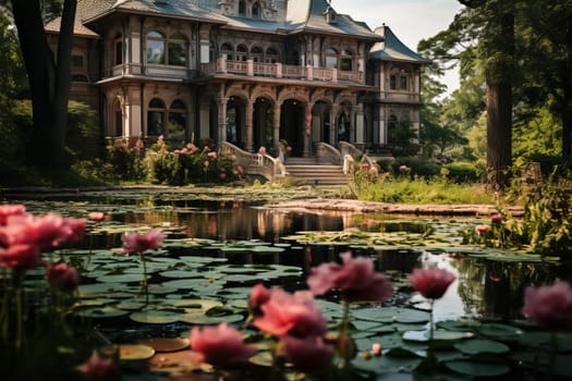 Tranquil Pond flower mansion. Natural park. Generate Ai