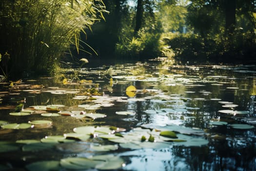 Reflective Pond calm water. River garden. Generate Ai