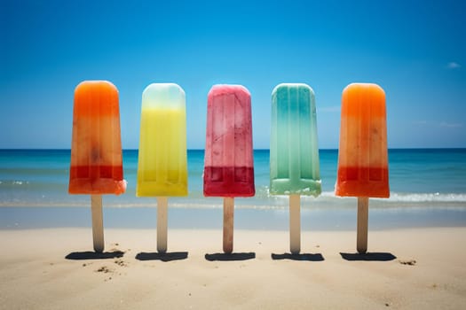 Vibrant Popsicles beach sunny day. Lolly sun. Generate Ai