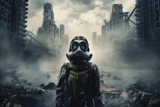 Person in gas mask in polluted air. Air safety. Generate Ai
