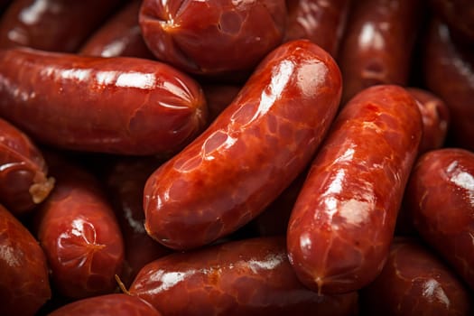 Appetizing Closeup photo of cut polish sausage on wooden board. Sliced smoked pork salami food. Generate ai