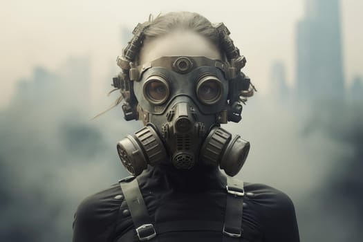Vigilant Person in gas mask in polluted air. Air safety. Generate Ai