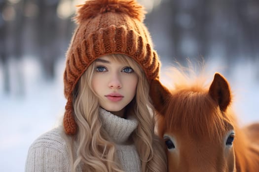 Pony hat winter season. Funny animal. Generate Ai