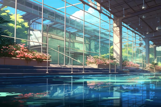 Thrilling Pool indoor anime visual novel game. Patio edge. Generate Ai