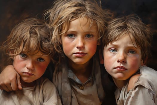 Heartbreaking Poorness on child face. Desperate expression in child sad eyes. Generate ai