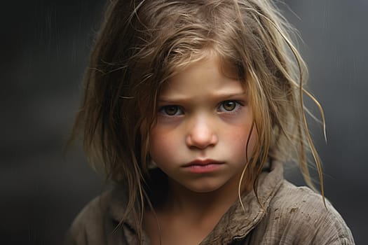 Vulnerable Poorness on child face. Desperate expression in child sad eyes. Generate ai