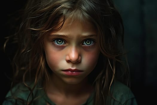 Poorness on child face. Desperate expression in child sad eyes. Generate ai