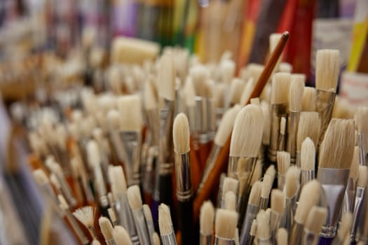 Paints brush for drawing at stationery shop. Artistic paintbrushes assortment for artist, creative studio and art class