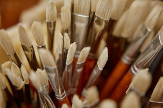 Paints brush for drawing at stationery shop. Artistic paintbrushes assortment for artist, creative studio and art class
