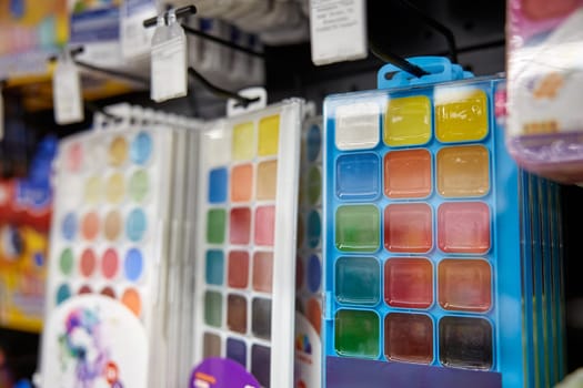 Craft colorful spectrum watercolor paints kit for school art class or studio. Shopping at stationery store
