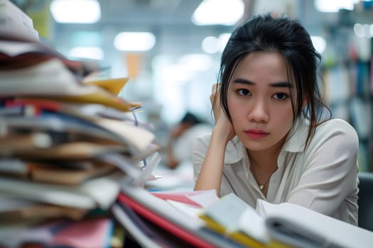 Young adult Asian woman in an office, overwhelmed by a mountains of paperwork. Neural network generated in January 2024. Not based on any actual scene or pattern.