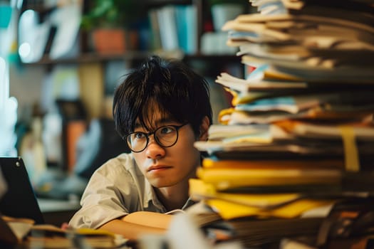 Asian man in an office, overwhelmed by a mountains of paperwork. Neural network generated in January 2024. Not based on any actual scene or pattern.