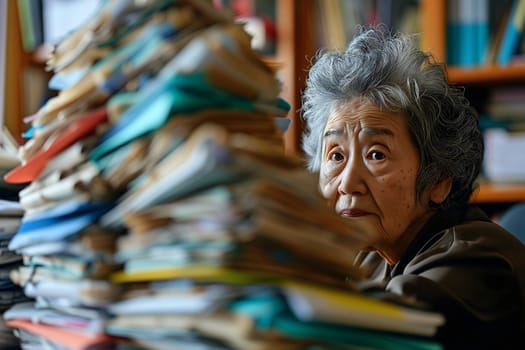Senior Asian woman in an office, overwhelmed by a mountains of paperwork. Neural network generated in January 2024. Not based on any actual scene or pattern.