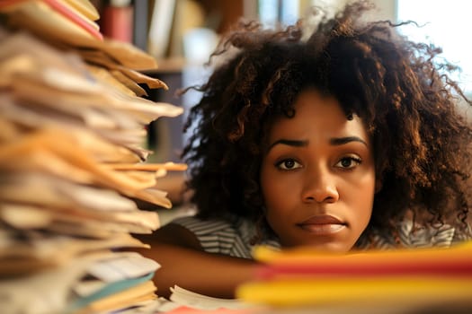 African American woman in an office, overwhelmed by a mountains of paperwork. Neural network generated in January 2024. Not based on any actual scene or pattern.