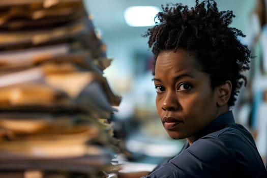 African American woman in an office, overwhelmed by a mountains of paperwork. Neural network generated in January 2024. Not based on any actual scene or pattern.